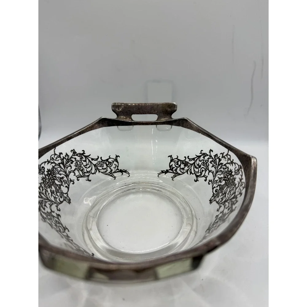 Vintage Silver Overlay Glass Candy Nut Bowl Floral Filigree Double‎ Handle 6.5in
